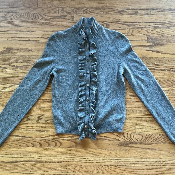 TORY BURCH Gray Merino Wool Ruffle Cardigan Sweater Top Women's Size XS - Picture 1 of 9
